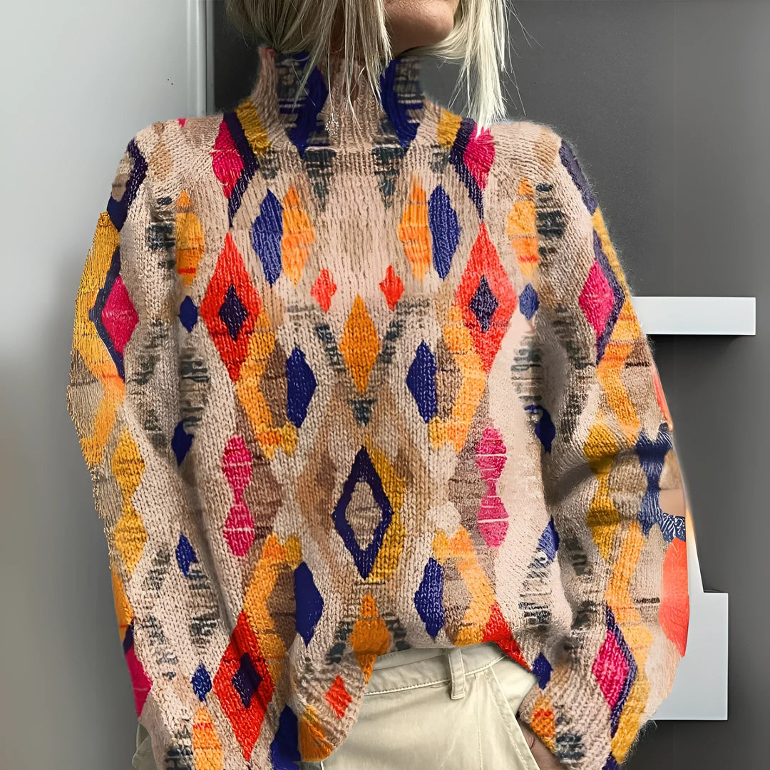 Wioleta - Dzianinowy Sweter z Geometrycznym Wzorem w Romby