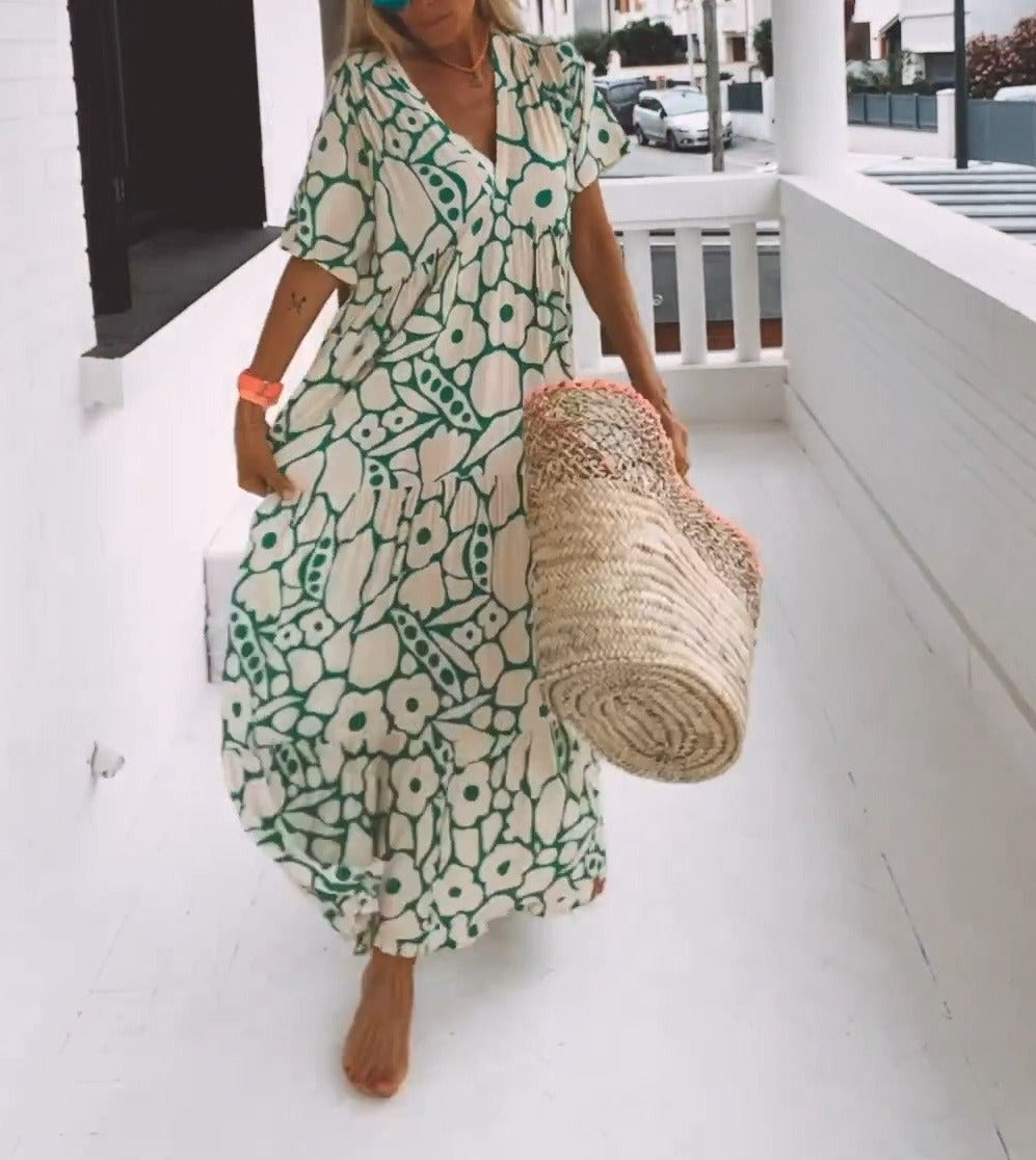 Eleonor- Elegancka Zielona Sukienka Maxi Z Krótkim Rękawem Dla Kobiet