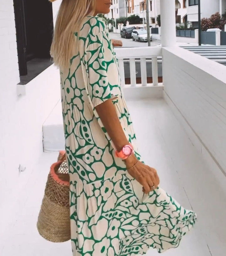 Eleonor- Elegancka Zielona Sukienka Maxi Z Krótkim Rękawem Dla Kobiet