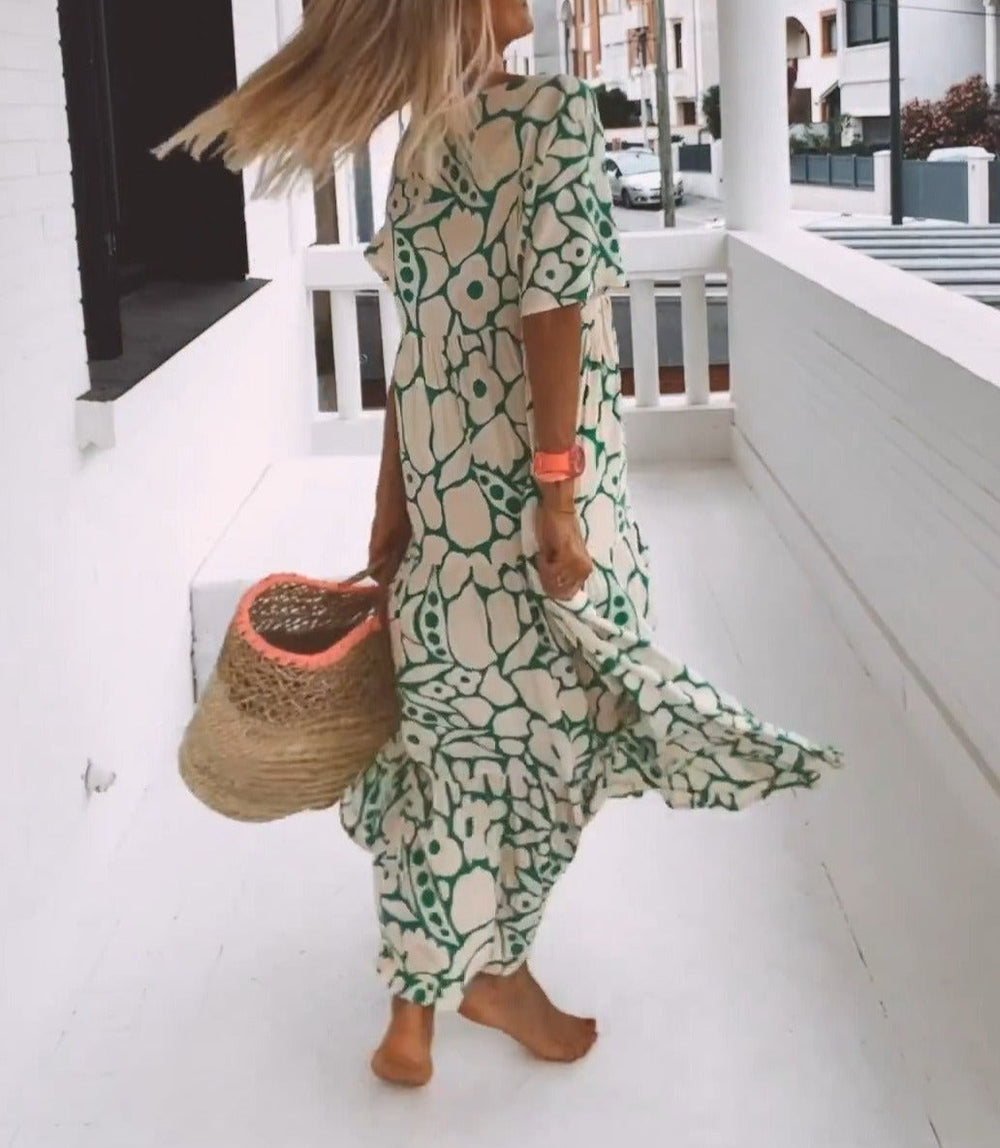 Eleonor- Elegancka Zielona Sukienka Maxi Z Krótkim Rękawem Dla Kobiet