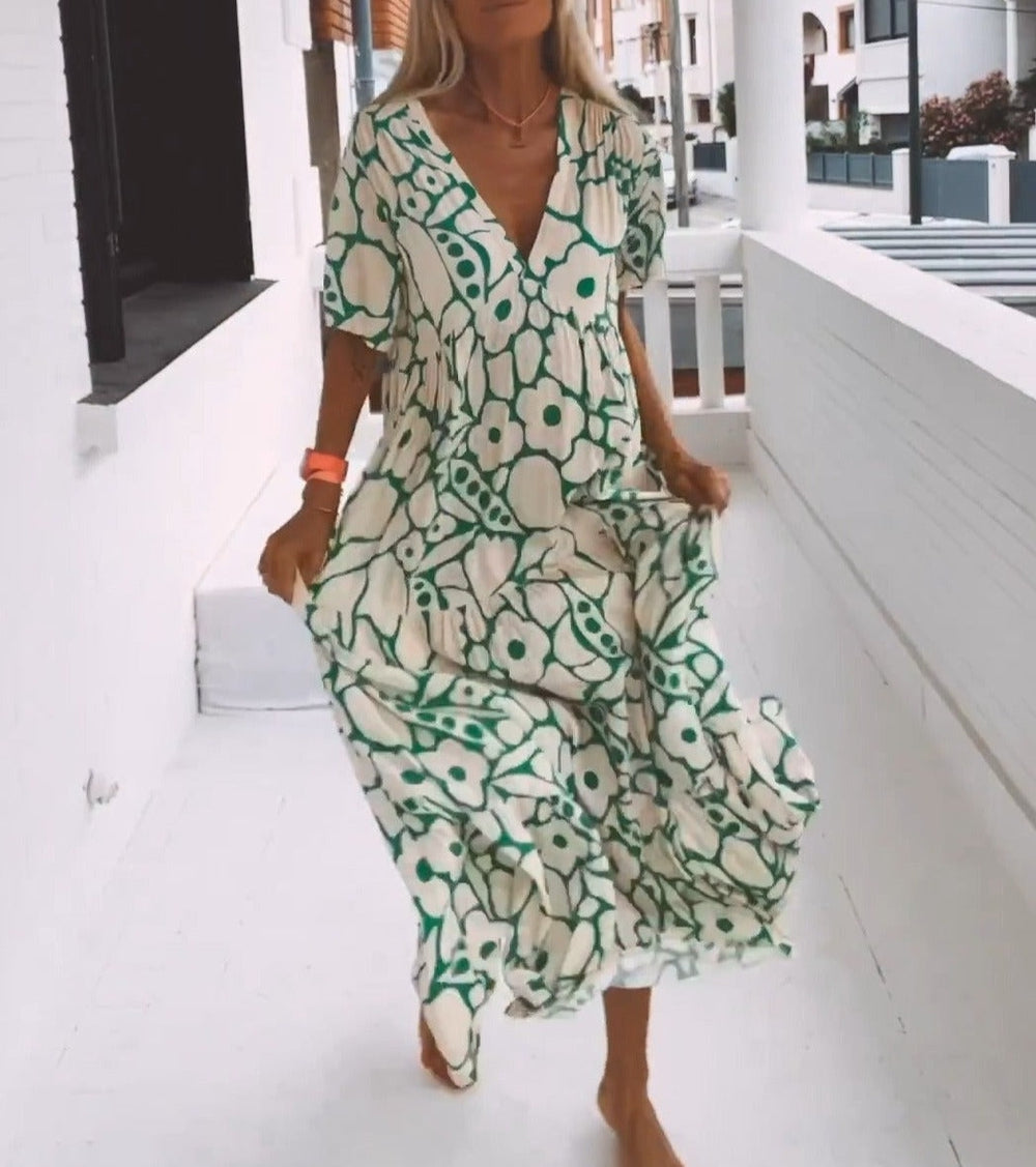 Eleonor- Elegancka Zielona Sukienka Maxi Z Krótkim Rękawem Dla Kobiet