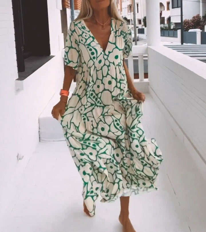 Eleonor- Elegancka Zielona Sukienka Maxi Z Krótkim Rękawem Dla Kobiet