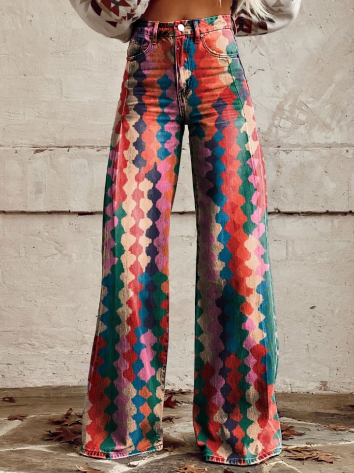 Serafina - Retro Rozszerzane Spodnie Z Boho Designem Dla Kobiet