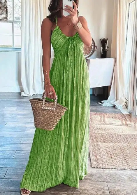 Olesia - Damska modna sukienka maxi na ramiączkach z dekoltem w kształcie V i wysokim stanem