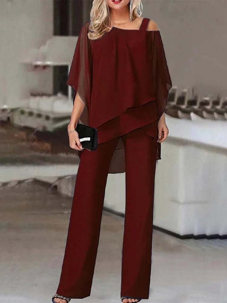Miłogostka -Damski komplet plus size – bluzka z odkrytymi ramionami i eleganckie spodnie