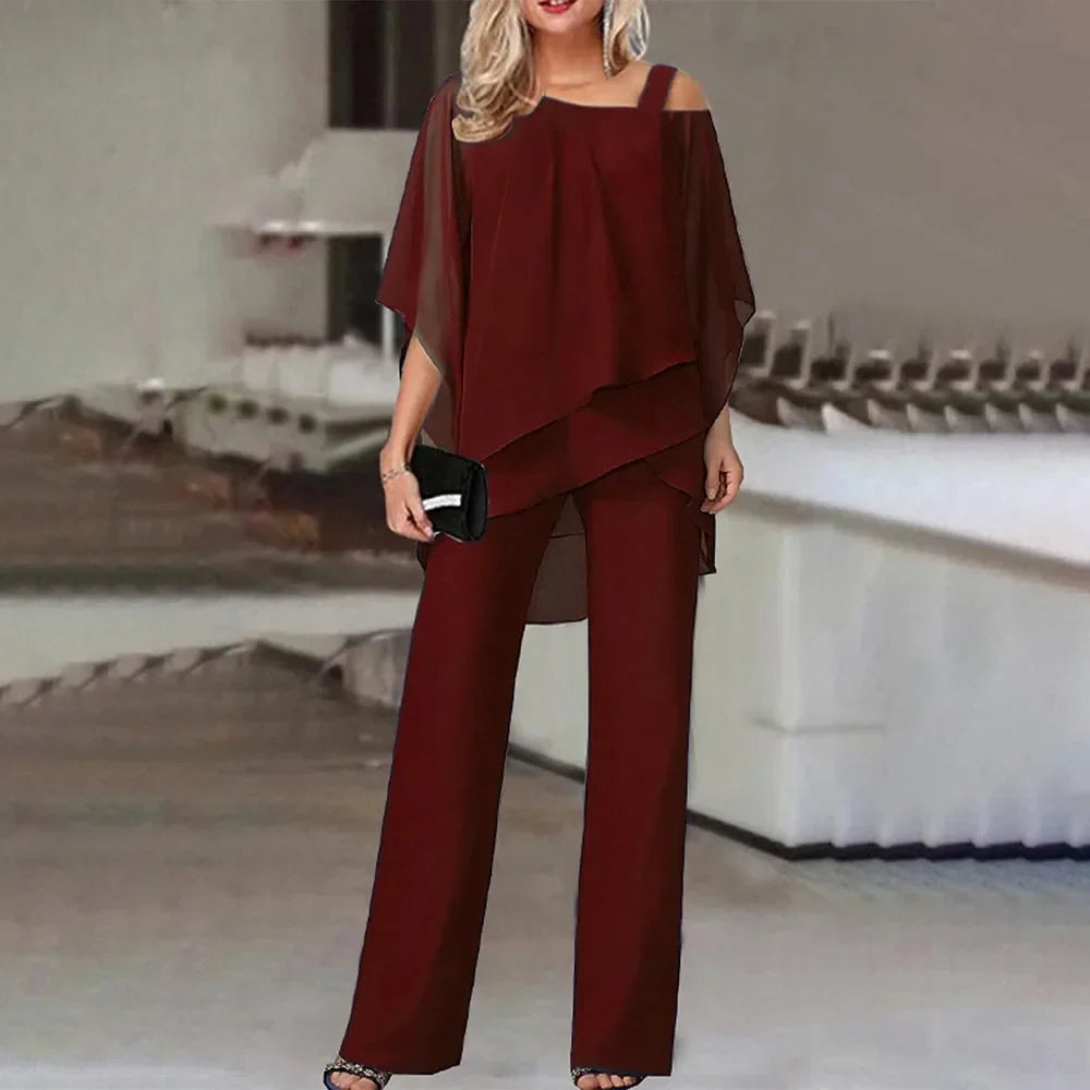 Miłogostka -Damski komplet plus size – bluzka z odkrytymi ramionami i eleganckie spodnie