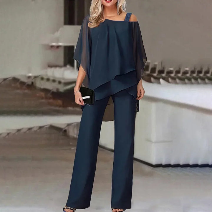 Miłogostka -Damski komplet plus size – bluzka z odkrytymi ramionami i eleganckie spodnie