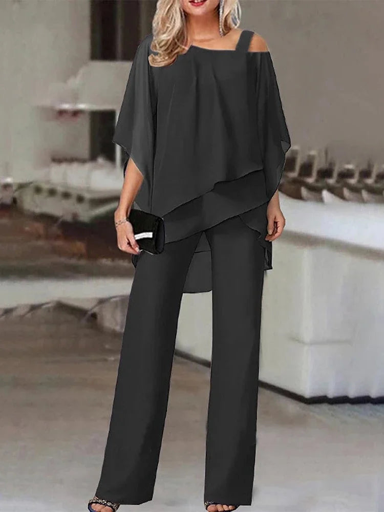 Miłogostka -Damski komplet plus size – bluzka z odkrytymi ramionami i eleganckie spodnie