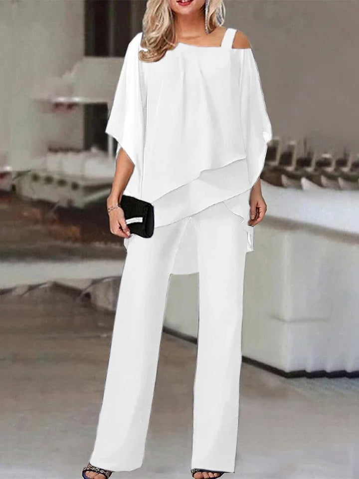 Miłogostka -Damski komplet plus size – bluzka z odkrytymi ramionami i eleganckie spodnie