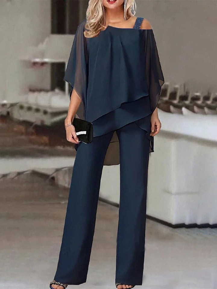 Miłogostka -Damski komplet plus size – bluzka z odkrytymi ramionami i eleganckie spodnie