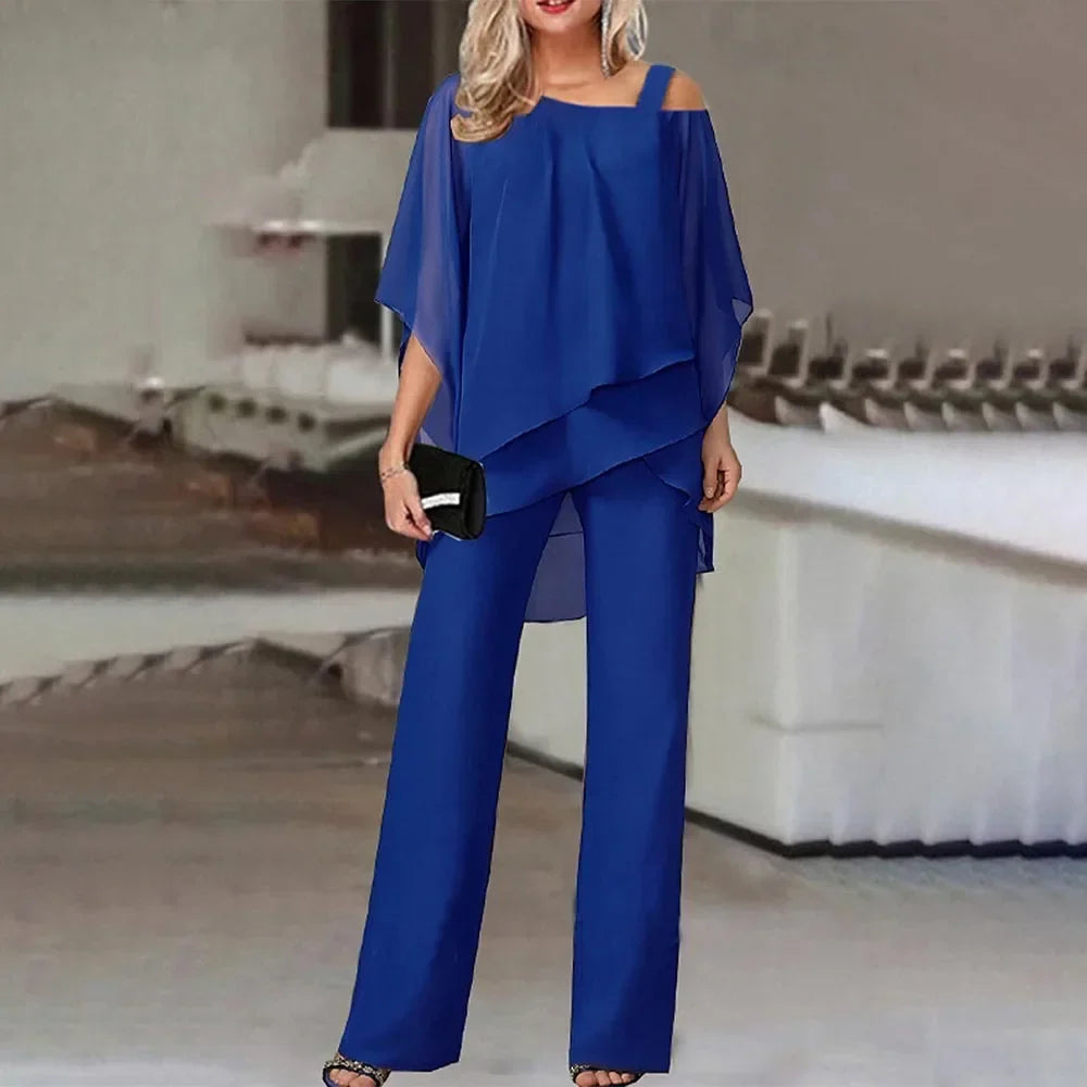 Miłogostka -Damski komplet plus size – bluzka z odkrytymi ramionami i eleganckie spodnie