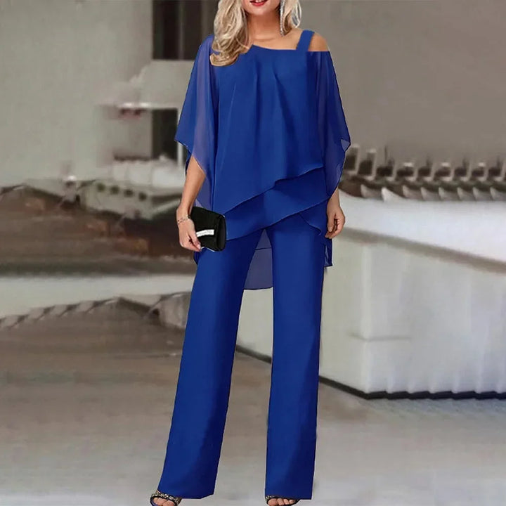 Miłogostka -Damski komplet plus size – bluzka z odkrytymi ramionami i eleganckie spodnie