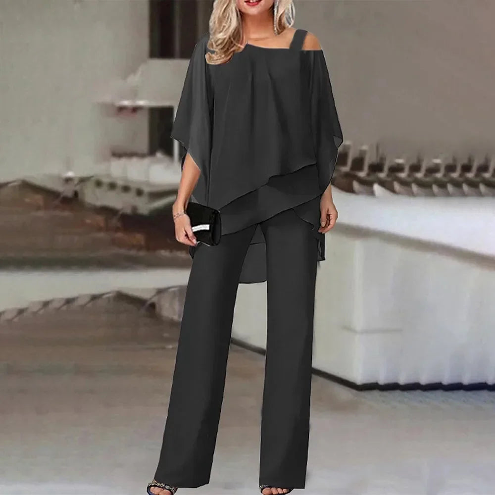 Miłogostka -Damski komplet plus size – bluzka z odkrytymi ramionami i eleganckie spodnie