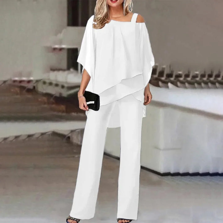Miłogostka -Damski komplet plus size – bluzka z odkrytymi ramionami i eleganckie spodnie