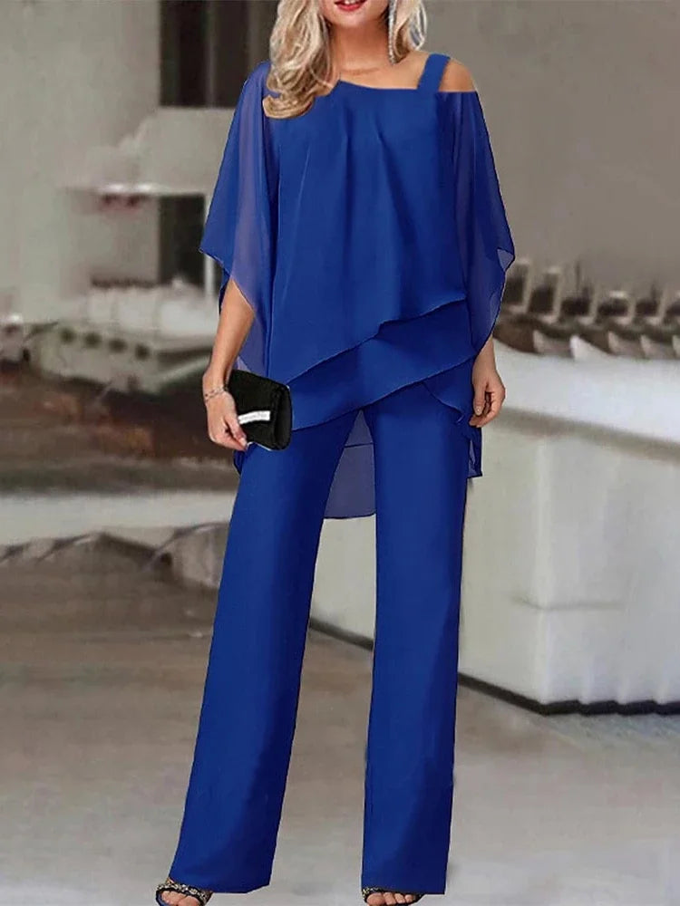 Miłogostka -Damski komplet plus size – bluzka z odkrytymi ramionami i eleganckie spodnie