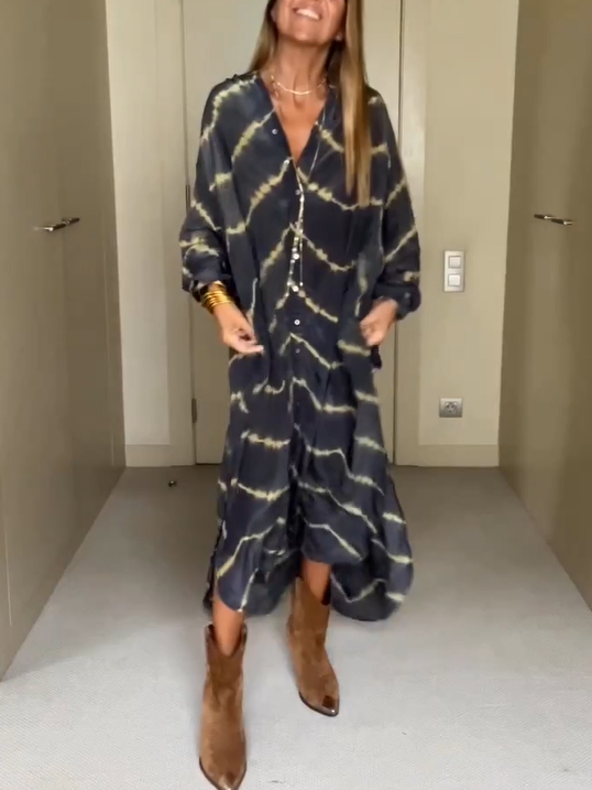 Gwidona - Boho Sukienka w Paski z Długim Rękawem dla Kobiet